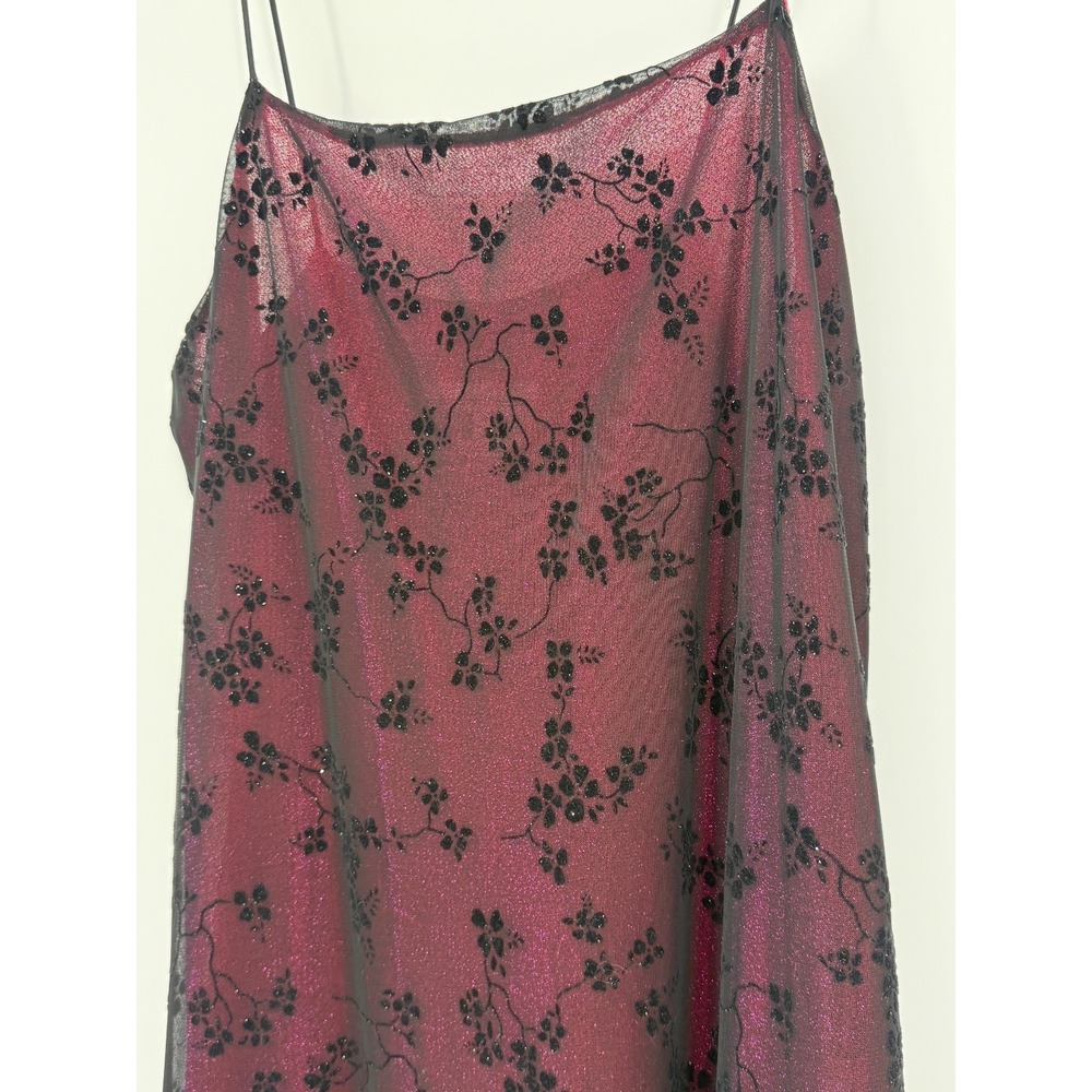 DBY Ltd Y2K Hot Pink Glitter Mesh Maxi Slip Dress Black Flocked Floral Goth Prom - Picture 2 of 9